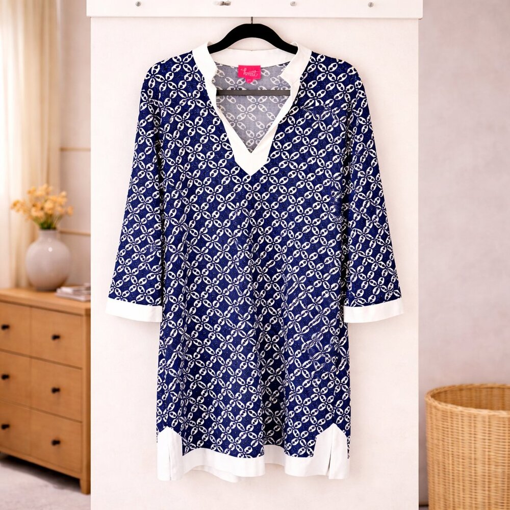 Navy White Chain Print Tunic Dress XL Stretch Resort Shift Beach Cover Up